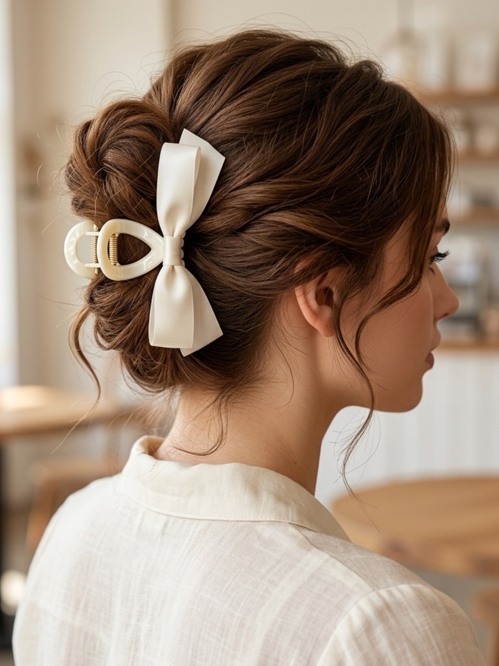 Cream Ribbon Hair Claw Clip Bow - Elegant Women's Hair Accessory - Picture 2 of 3